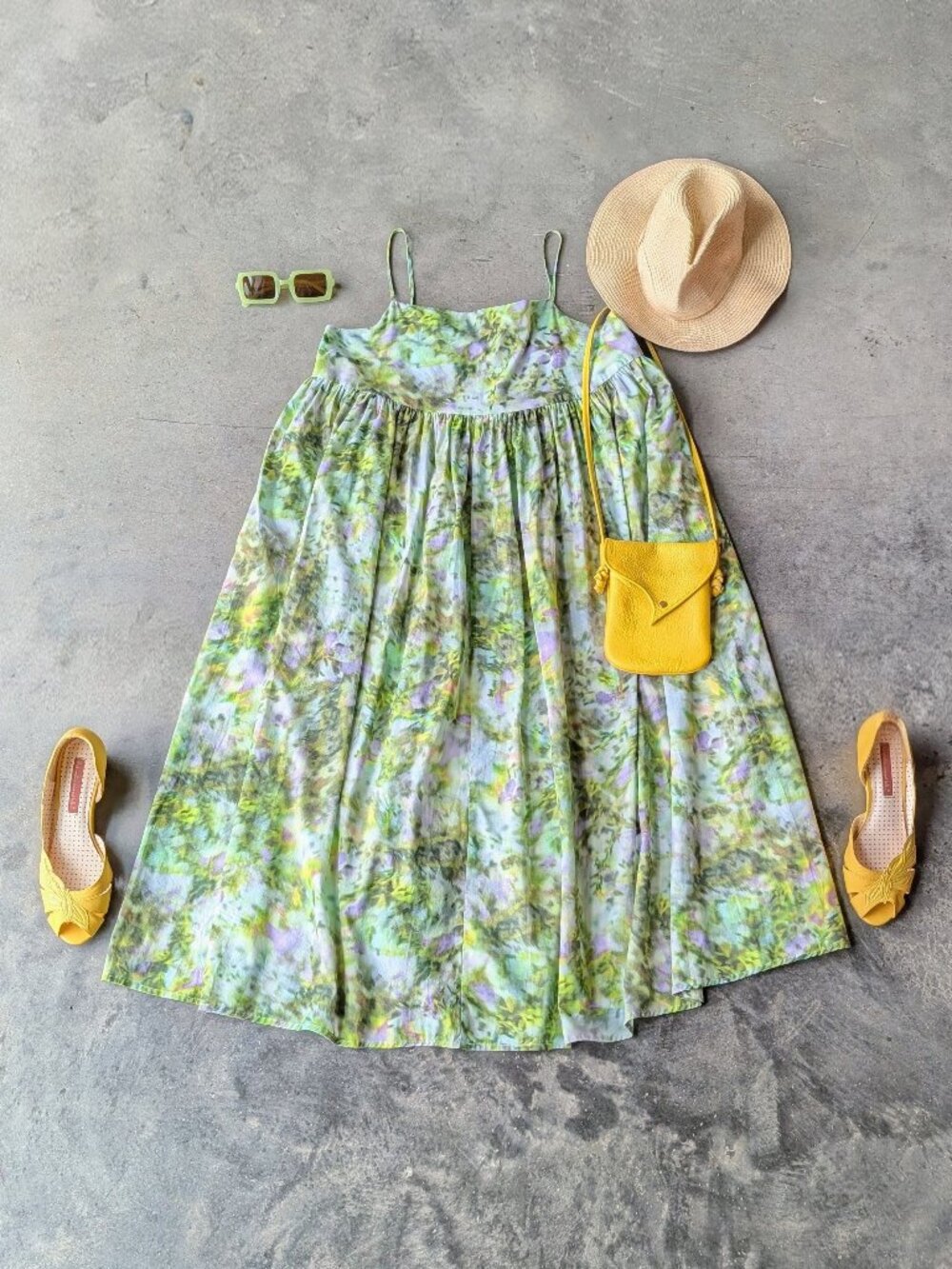 Kowtow Elle Dress in Field Print Green Floral Empire Waist Midi Shift Dress